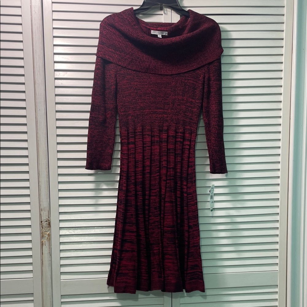 Women's Burgundy Knit Long-Sleeve Cowl Neck Fit & Flare Dress